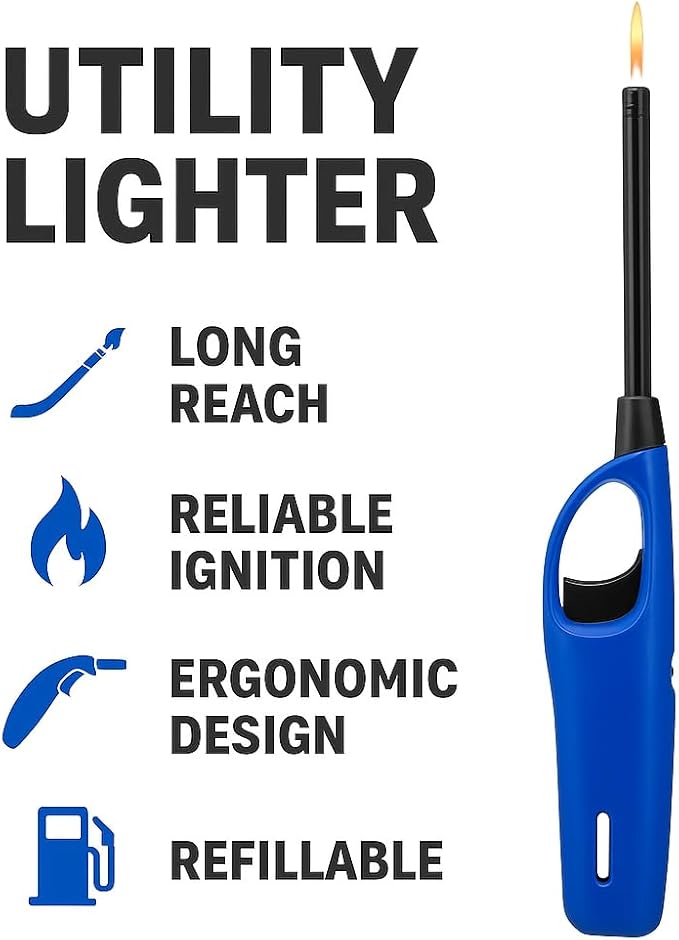 Multipurpose Refillable BBQ Lighter for Grilling, Camping, Fireplace, Candles, Kitchen Use, Long Reach Safety Flame Control, Blue, 1 Unit