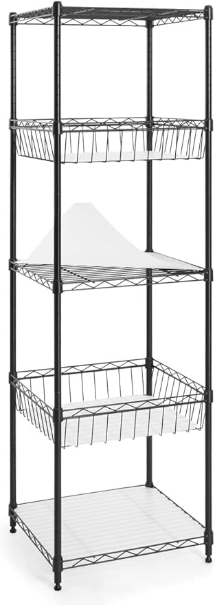Fencer Wire NSF 5 Tier Wire Shelving Unit w/Baskets & Liner, Storage Rack Kitchen, Bathroom, Laundry Closet, Wire Shelving Basket Shelves, Storage Rack Corner Shelves, Black