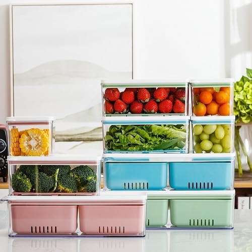 Lille Home Stackable Produce Saver, Organizer Bins/Storage Containers with Removable Drain Tray, Set of Three, for Refrigerators, Cabinets, Countertops and Pantry, BPA Free (Set of Three)