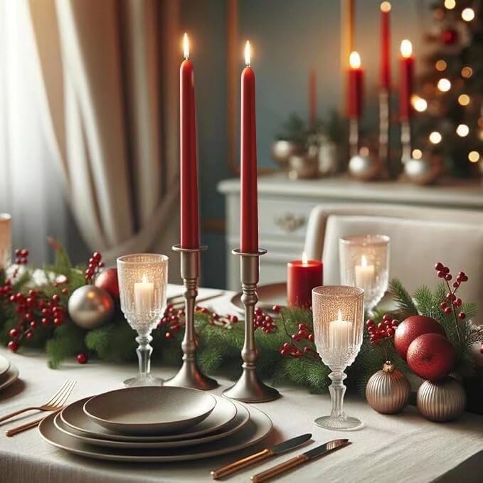 10-Inch Tall Dripless Taper Candles Set of 4 - Red Tapered Candles, Perfect for Christmas - Smokeless, Unscented, Long Burning - Hand Poured, Colored Tall Candlesticks - Bright Red