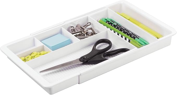 mDesign Expandable Plastic Drawer Organizer and Storage Container for Office Supplies - Gel Pen Pencil, Marker, Stationary, Desk Supply Holder for Drawers and Desktop - Lumiere Collection - White