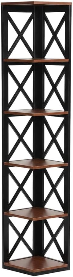 Furnifact Cherry Black 5-Tier Corner Bookcase with Multiple Shelves, Durable Non Lead Base Paint Finish, Space-Saving Design for Home and Office Storage