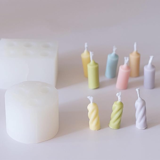 2-Pack Silicone Candle Molds Set, 6 Holes Mini Long Cylinder Shape Mold and 3 Holes Mini Twisted Cylinder Mold for Aromatherapy Candle Soy Wax Soap Clay Craft Plaster Resin Making