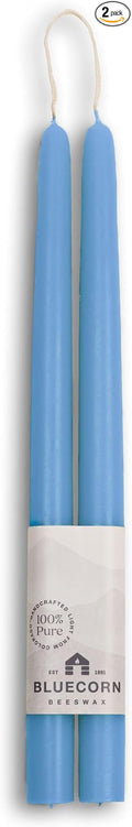 Bluecorn Beeswax Taper Candles, 100% Pure Natural Bees Wax, Pair of 12 Inch Light Blue Tapered Candlesticks, Clean Burning & Dripless, Fragrance Free, Long Lasting, Home Decor, American Made, 1 Count