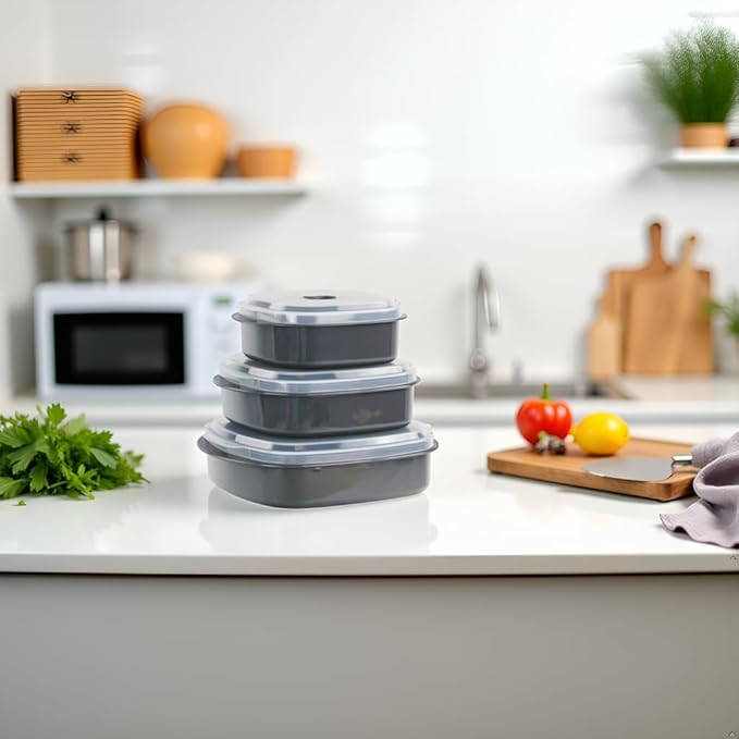 Reston Lloyd Nesting Microwave Containers, Set of 3, Adjustable Steam Vents, Airtight, Meal Prep, Durable BPA-Free Plastic- Freezer & Dishwasher Safe, Cookware & Food Storage, Anyday Cookware, Gray