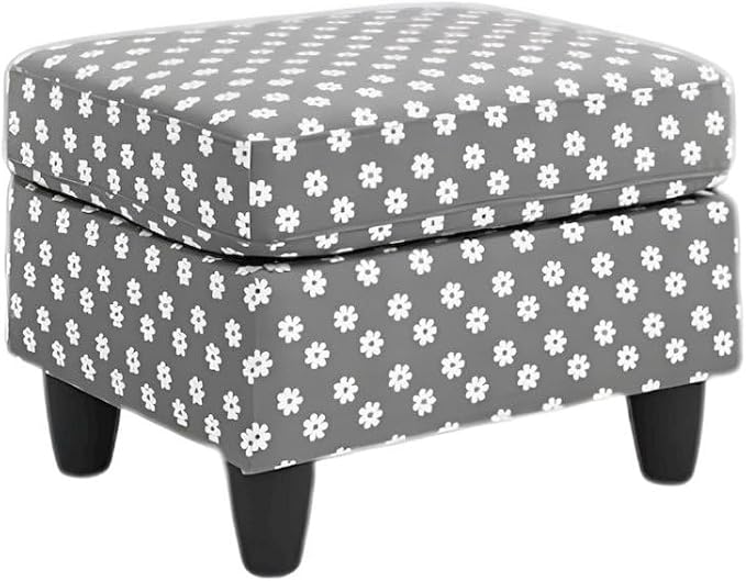 Furnifact Gray Upholstered Ottoman Foot Rest with Daisy Print and Toss Pillow – Mid Century Accent Ottoman Chair for Bedroom or Living Room Decor