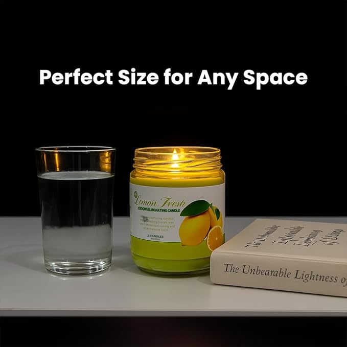Odor Eliminating Candle Set - Pack of 2 (12oz) | 90-Hour Burn Time | Premium Soy Wax Candles | Neutralizes 99% Pet, Kitchen, & Smoke Odors | Eco-Friendly & Long-Lasting (Lemon Fresh)