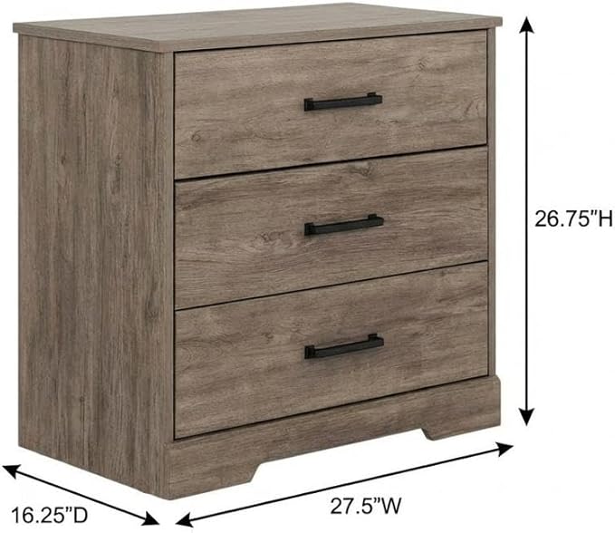 Furnifact Gray Nightstand Bedside Table, Farmhouse End Table with 3 Drawers, Laminate Finish, Rectangular Shape, One Size, Modern Bedroom Storage