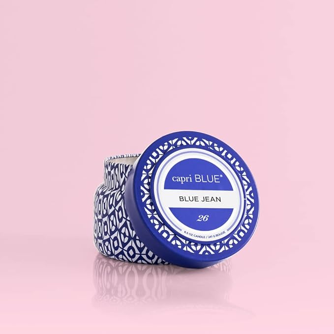 Capri Blue Printed Travel Tin Jar - Luxury Candle with a Soy Wax Blend - Scented Candles for Home with Notes of Citrus, White Musk & Patchouli (Blue Jean, 8.5 oz)