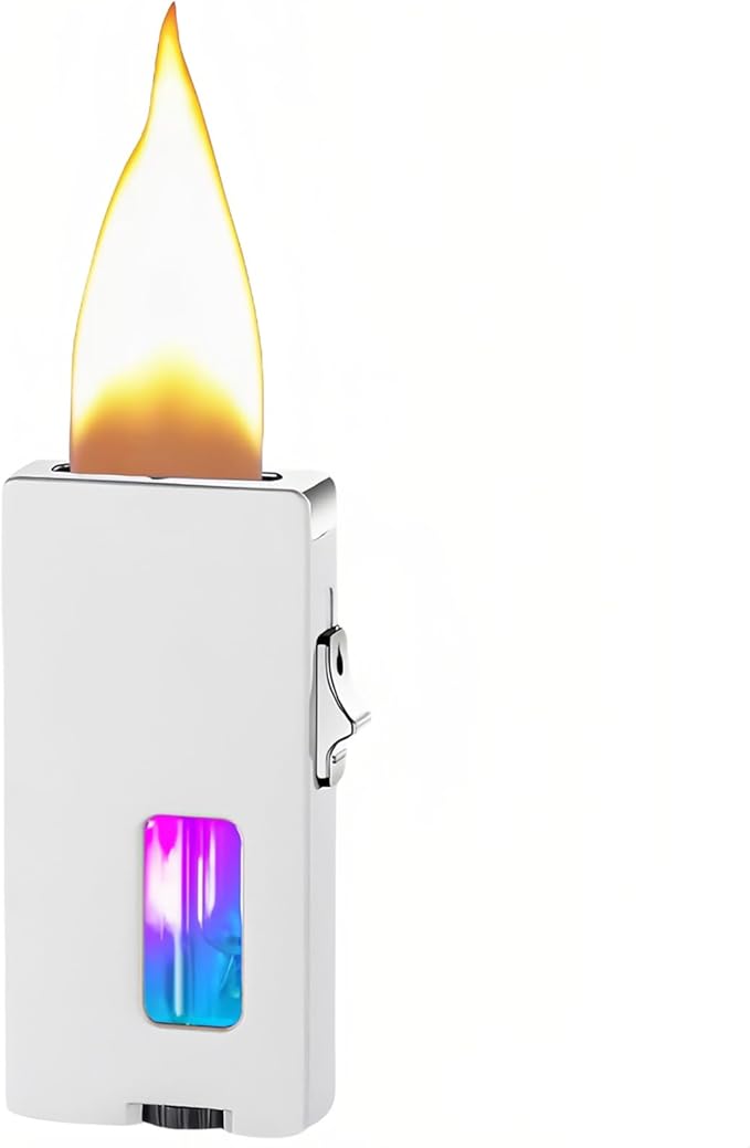 Extra Wide Flame Butane Lighters, Gravity Sensing Shake to Ignite, Adjustable Flame Size, USB-C Charging and Refillable Lighter with Safety Lock (Fuel Not Included) (White)
