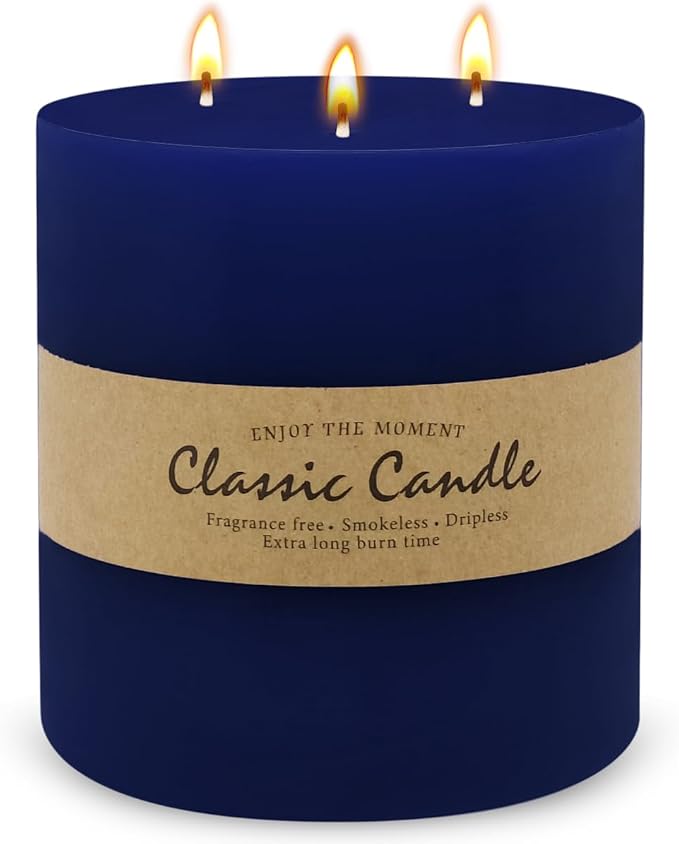 Large 3-Wick Navy Blue Pillar Candle - 6x6 Inch Dripless & Smokeless Unscented Fat Candle, 120 Hour Long Burning Hand-Poured Thick Candle with Cotton Wicks