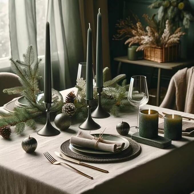 12-Inch Tall Dripless Taper Candles Set of 4 - Dark Green Tapered Candles, Perfect for Christmas - Smokeless, Unscented, Long Burning - Hand Poured, Colored Tall Candlesticks - Hunter Green