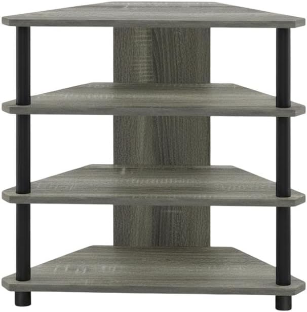 Furnifact French Oak Grey Black Wood TV Stand with Easy Assembly 4-Tier Petite Design, Durable Storage Solution for Living Room, Modern Home Decor