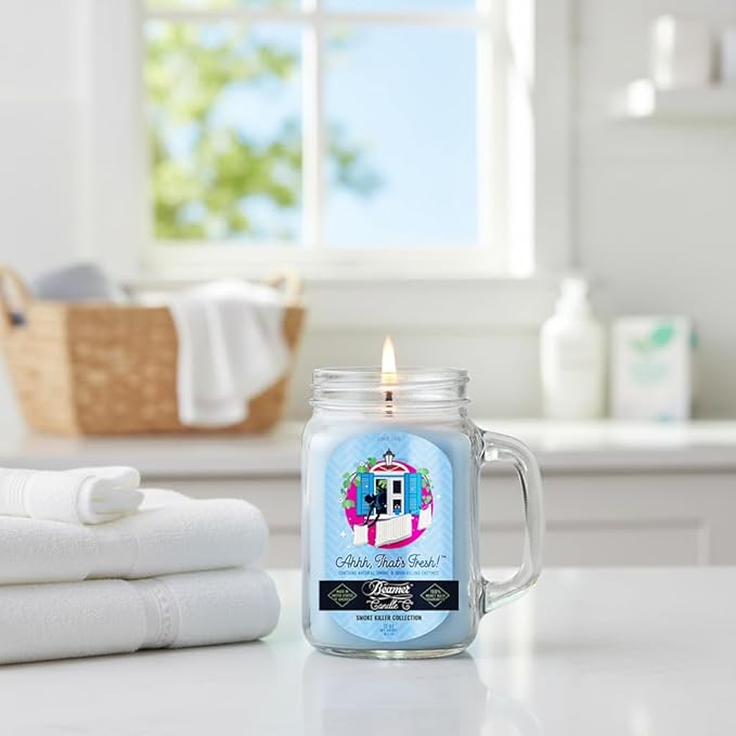 Ahhh, That’s Fresh Candle – Strong Scent – Fresh Linen & Clean Cotton – Long Lasting 90 Hour Burn – Large 12oz Mason Jar – Made in USA – Beamer Candle Co.