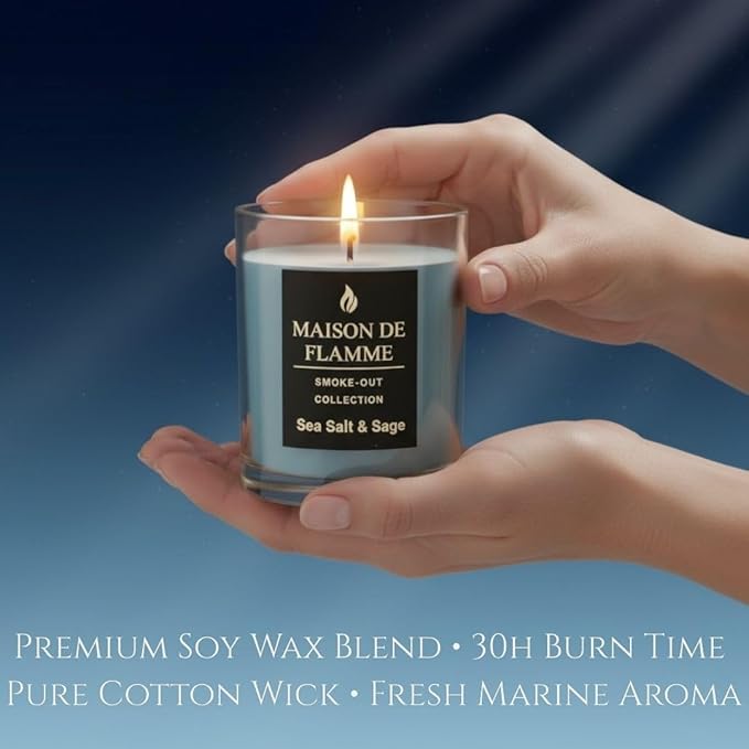 Smoke Odor Eliminating Candle – Sea Salt & Sage Soy Wax Candle for Kitchen, Apartment & Home Smells, Long Lasting Odor Neutralizing Scented Candle, 150g / 5.3 oz – Maison De Flamme