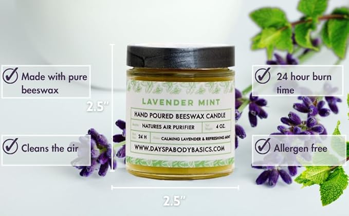 Lavender Mint Hand-Poured Beeswax Candle - All-Natural Essential Oil Scented, Cotton Braided Wick, Smokeless, Non-Toxic Handmade in USA by DAYSPA Body Basics