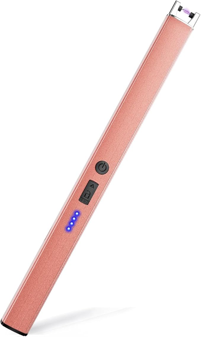 Candle Lighter, Windproof Electric Lighter with Safety Lock, USB Type-C, Rechargeable, Led Display, Lighters for Candle, BBQ, Camping, Festivals (Rose Gold)
