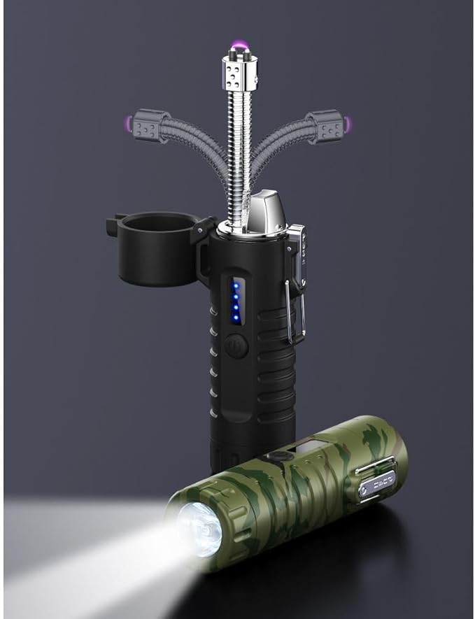 Electric Lighter USB C Rechargeable Arc Plasma Lighter with Flashlight, Electronic Windproof Waterproof Lighters with Retractable 360° Flexible Neck for Outdoor Camping, Hiking, Survival