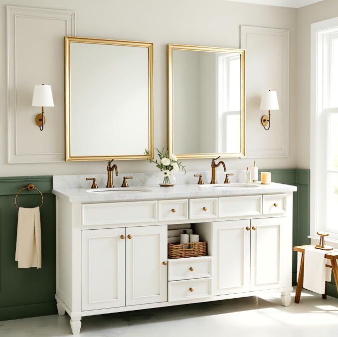 USHOWER Brushed Gold Bathroom Mirrors for Over Sink 22x30 Inch, Metal Framed Rectangle Vanity Mirror for Wall, Bedroom, Living Room, Entryway, Anti-Rust, HD Tempered Glass, Horizontal/Vertical