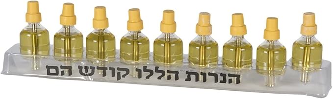 Ner Mitzvah On The Go Travel Menorah Set - 9 Pre-Filled Glass Cups Included - 100% Pure Olive Oil with 100% Cotton Wicks- Burns Approx. 2 1/2 Hrs