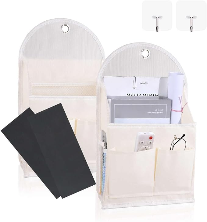 2 Pack Wall Hanging Storage Bag with Pocket, Fabric Organizer Basket with Sticky Hook, Over the Door Caddy Organizer Box for Closet Dormitory Bedroom Bathroom Kitchen (Beige)