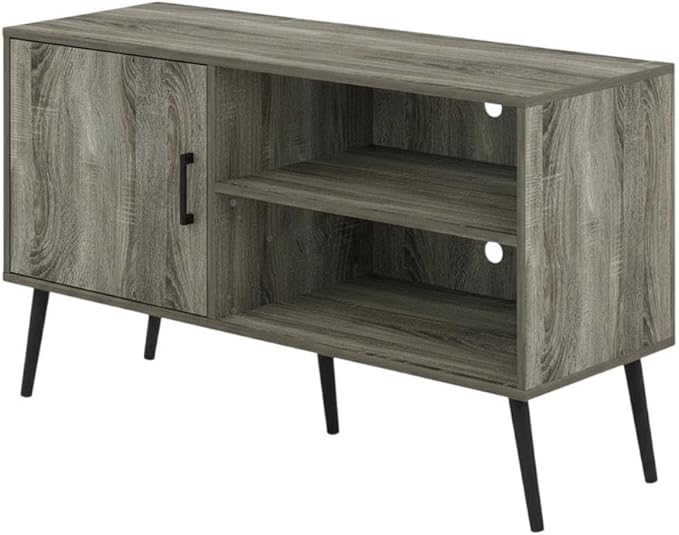 Furnifact Grey French Oak Mid Century Style TV Stand, Wood Legs, One Cabinet, Two Shelves, Elegant Wooden Finish, Durable, Contemporary Design