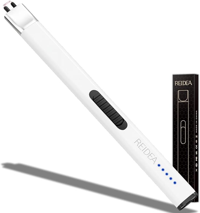 REIDEA Lighter Electronic for Candle, Windproof Flameless USB Rechargeable Arc Lighter with Safe Button and Power Indicator for Candle, BBQ, R1, White