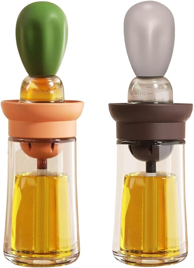 TINMIX Oil Dispenser with Brush - 2 Pack Olive Oil Dispenser, 2 IN 1 Oil Dispensing Bottle with Basting Brush for Cooking Frying Baking Kitchen, T-OB21 Grey+Green