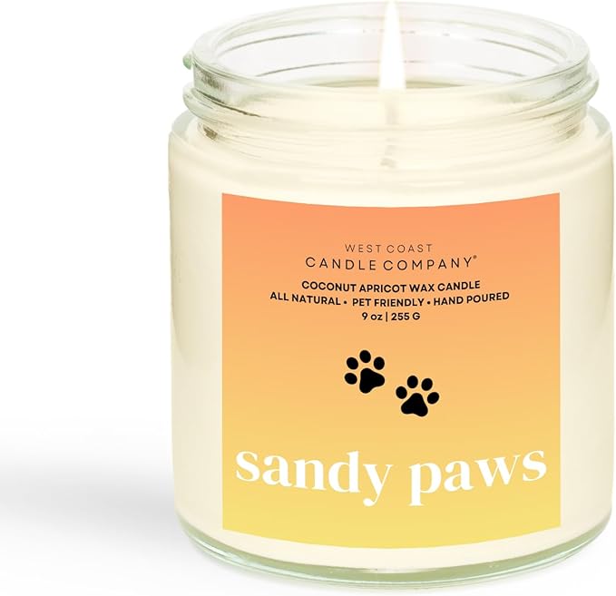 Sandy Paws | Pet Friendly Candle | Soy-Free Coconut Apricot Wax | Clean Burning | Non-Toxic | Veterinarian Approved | Pet Odor Eliminator | Air Freshening Scented Candle | 9 oz