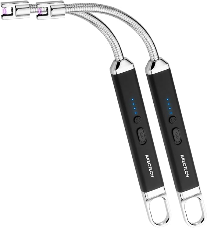 ARECTECH Electric Arc Candle Lighter Flameless Rechargeable USB Long Lighters for Candle Cooking BBQs Fireworks Black 2 Pack