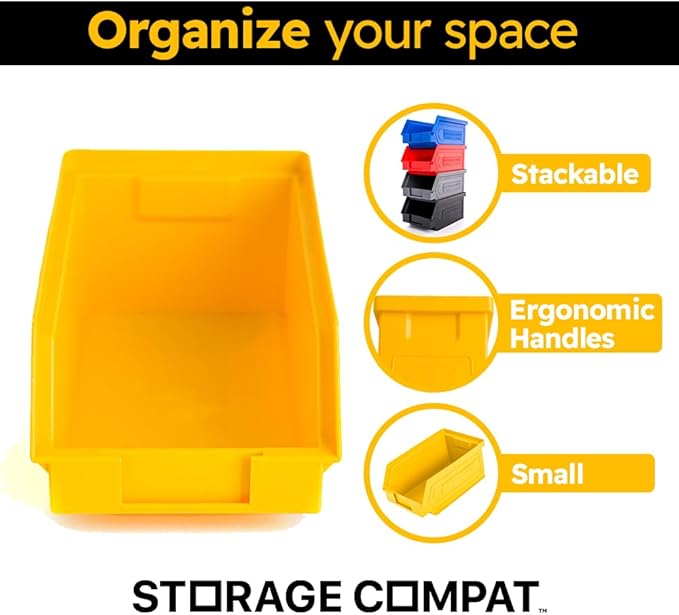 50 Pack Small Storage Bin, Wall Mount Storage, Hanging and Stacking Bin, Freestanding | 7” x 4” x 3” Plastic Container | Yellow | Zeus 1PLZ05 | StorageCompat.