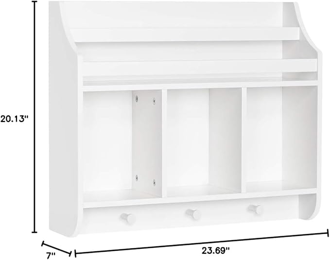 RiverRidge Kids Bookshelf with 3 Cubbies & Hooks - Book Nook Wall Bookshelf for Kids' Rooms Storage Display Rack for Toys and Games