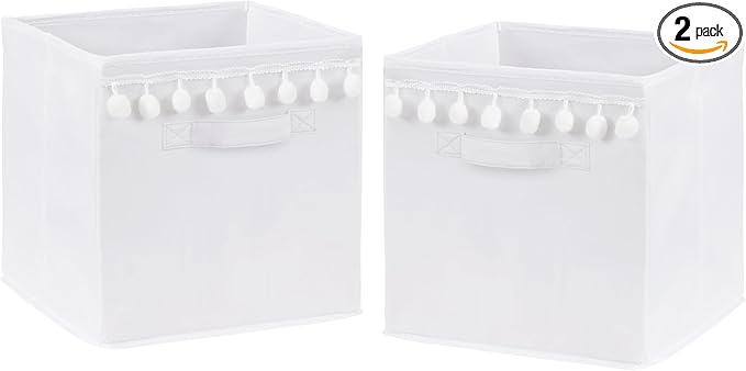 Sweet Jojo Designs White Foldable Fabric Storage Cube Bins Boxes Organizer Toys Kids Baby Childrens - Set of 2 - Gender Neutral Solid Color Bohemian Southwest Tribal Pom Pom for Llama Collection