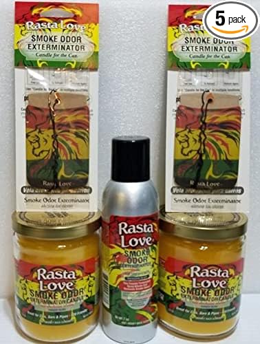 Smoke odor Exterminator Rasta Love, Includes Two 13 oz Jar Candle One 7 oz Spray & Two Car Hangers All in One Bundle