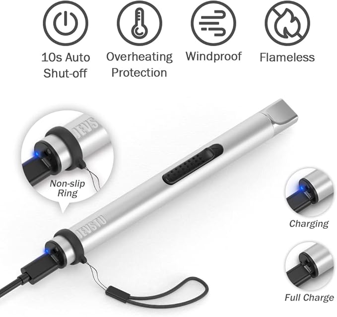 Electric USB Rechargeable Arc Plasma Electronic Windproof Flameless Long Lighter with Safety Switch Hook - White & Silver
