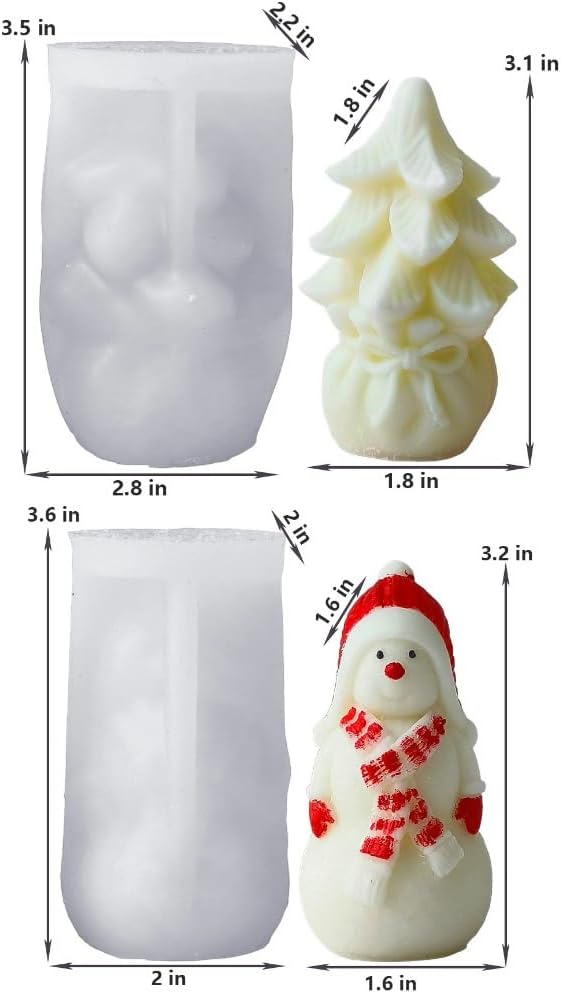 2 Pack Chrsitmas Tree Silicone Mold, Snowman Candle Mold for Soap Soy Wax DIY Handcraft, Gift Bag Resin Mold Gift Wedding Party Home Dinner Festive Days Car Christmas Decoration