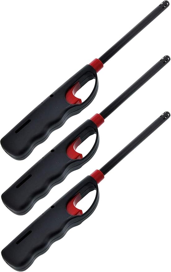 Fuel Included Handi BBQ Grill Click Flame Long Stem Lighter - Refillable Butane Gas Candle Fireplace Kitchen Stove Wind Resistant, Red (3)