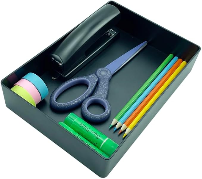 Amazon Basics Rectangular Plastic Desk Organizer with Storage Trays, Accessory Tray for Office Supplies and Pen Holder, 9.4 x 6.7 x 2 inch, Black