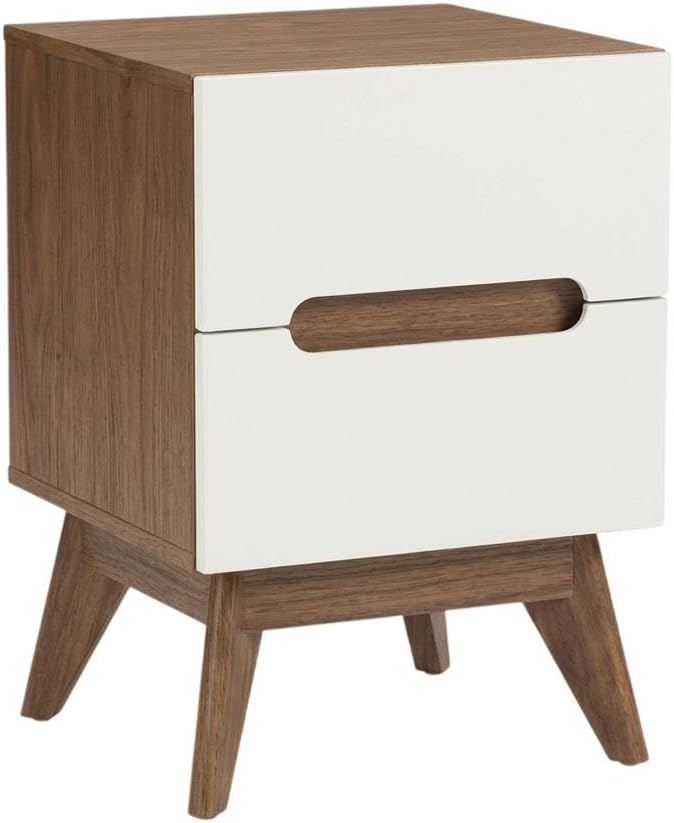 Furnifact White Mid-Century Modern Nightstand, Walnut Accents, 3 Spacious Drawers, Durable Construction, Easy Care, Single Piece Bedroom Storage Solution