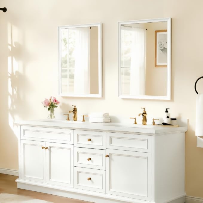 USHOWER White Bathroom Mirrors for Over Sink 30x40 Inch, Metal Framed Rectangle Vanity Mirror for Wall, Bedroom, Living Room, Entryway, Farmhouse, Anti-Rust, HD Tempered Glass, Horizontal/Vertical