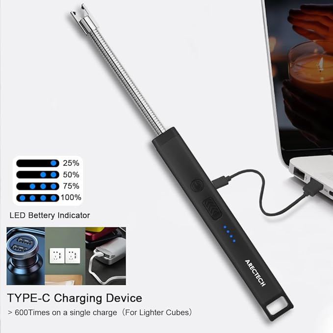 ARECTECH Candle Electric Lighter Rechargeable USB Arc Lighters for Candle Camping Fireworks Christmas Birthday Gifts with LED Light for Men Women Black