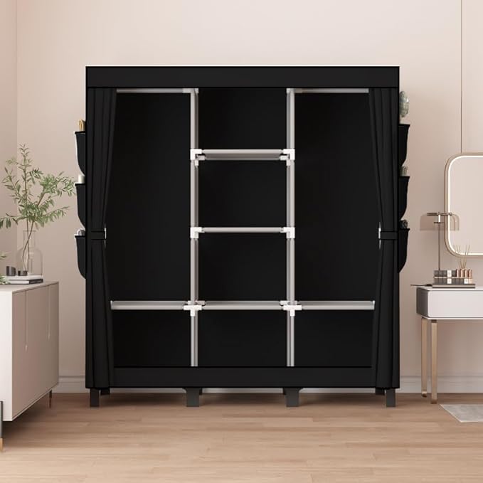 Portable Wardrobe, Clothes Organizer, Easy Hanger Wardrobe, Multiple Dividers and 3 Drawers, 6 Side Pockets Large Capacity (Black)