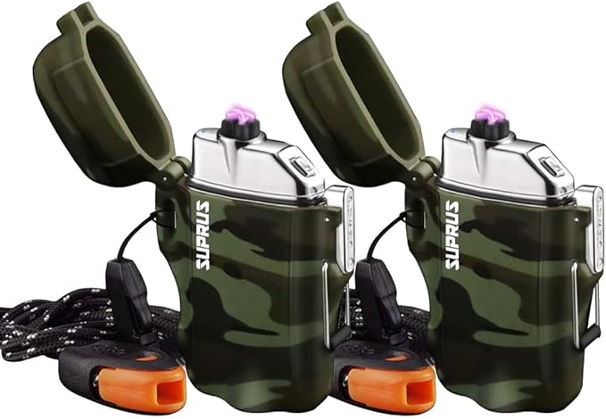 SUPRUS Waterproof 3 Modes of Flashlight Windproof Lighter Dual Arc Electric Rechargeable Dual Arc Plasma Lighters with Survival Emergency Whistle and Lanyard (Camouflage, 2Packs)