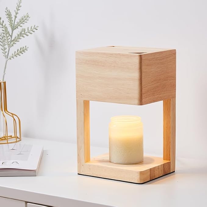 Candle Warmer Lamp,Electric Candle Lamp Warmer with Timer and Adjustable Brightness Automatic Shut-Off,Candle Heat lamp for Canned Candles,ith 2 Bulbs.（Wood）