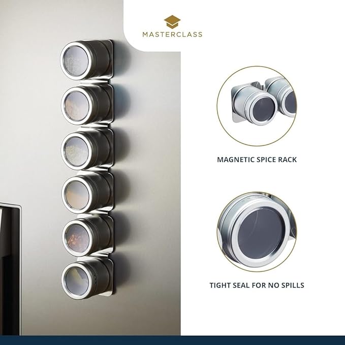 KitchenCraft 6-Piece Master Class Magnetic Spice Rack, Stainless-Steel, Silver, 9 x 12 x 16 cm