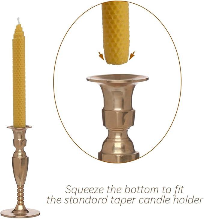 DEYBBY Handmade Beeswax Taper Candles, Dripless Wax Candles, Hand-Rolled Honeycomb Candles for Dinner Party, Set of 6 Flat Top（Brown Raw）