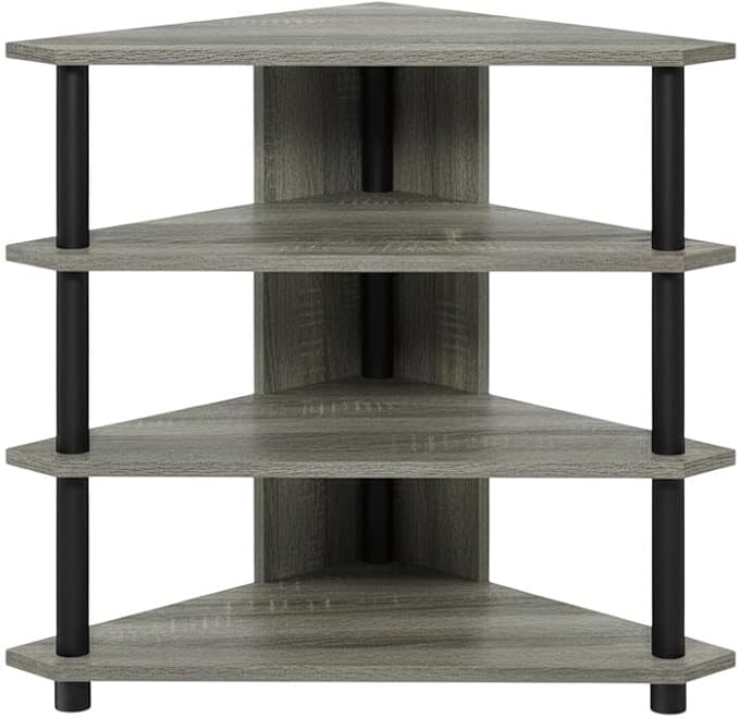 Furnifact French Oak Grey Black Wood TV Stand with Easy Assembly 4-Tier Petite Design, Durable Storage Solution for Living Room, Modern Home Decor