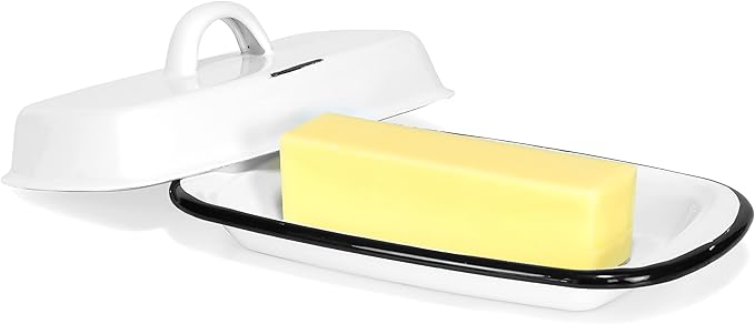 Red Co. 7.75” x 4.5” Enamelware Metal Cheese Server & Butter Dish Holder with Dome Lid, Distressed White/Black Rim