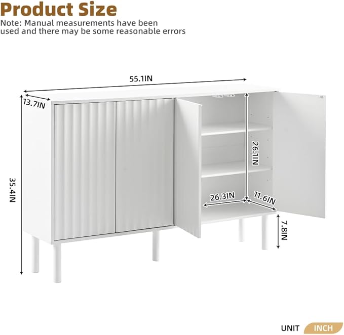 Minimalist Shoe Storage Cabinet with 5 Solid Wood Legs Cream Style Fluted Doors 4-Door Storage Organizer Adjustable Shelves for Living Room