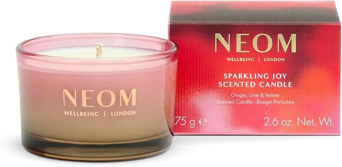 NEOM Sparkling Joy Travel Candle, 1 Wick, 75g I Ginger, Lime and Vetiver I 100% Naturally Derived Wax I 100% Natural Fragrances I Invigorating